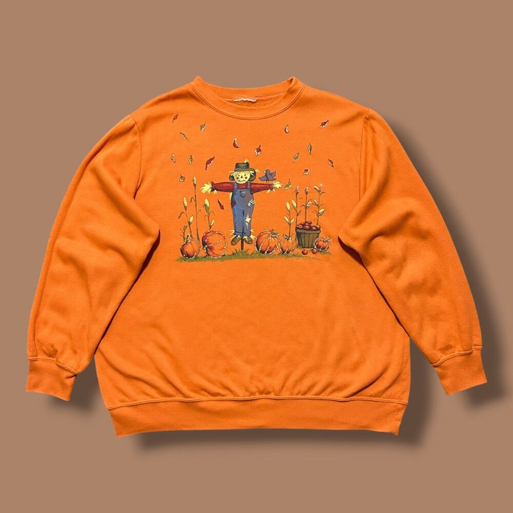 Vintage Scarecrow Sweatshirt 80s Fall Autumn Crewneck Pullover Pumpkin Farm XL